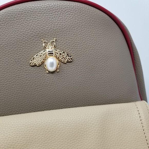 Queen Bee Taupe Red and Cream Large Pebbled Backpack Purse